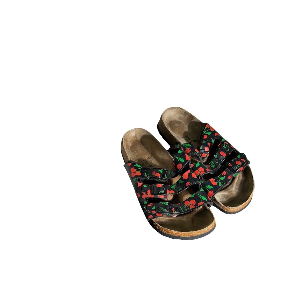 Betula by Birkenstock Cherry Print Triple Strap Slide Sandals Black Red Sz 38